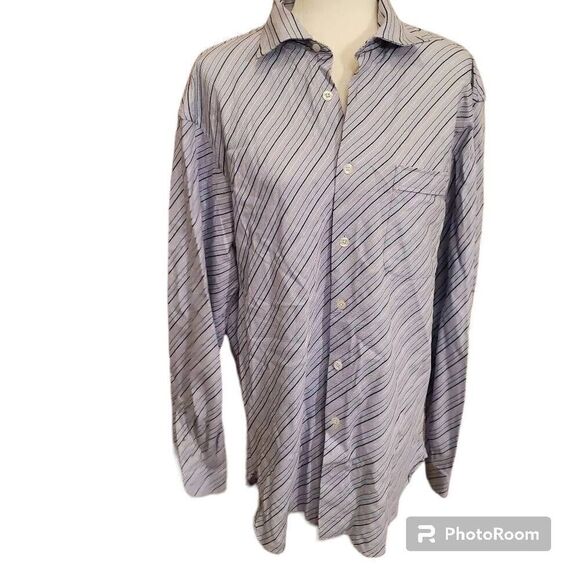 John W Nordstrom Blue Stripe Cotton Button Front Dress Shirt Mens Large Long - Picture 1 of 10